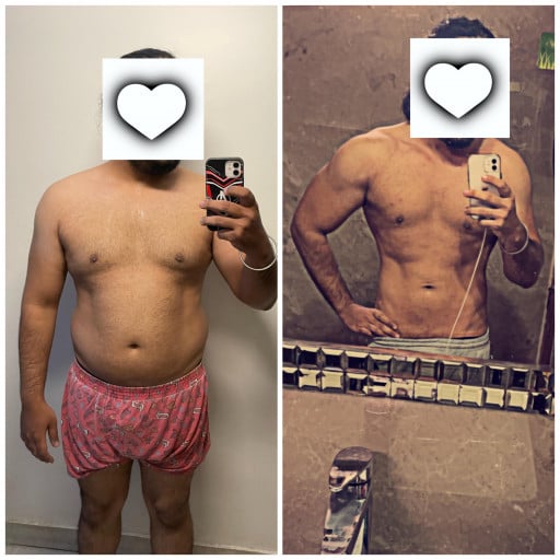 A progress pic of a 5'9" man showing a fat loss from 224 pounds to 178 pounds. A respectable loss of 46 pounds.