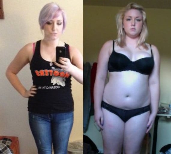 A before and after photo of a 5'4" female showing a weight reduction from 197 pounds to 160 pounds. A total loss of 37 pounds.