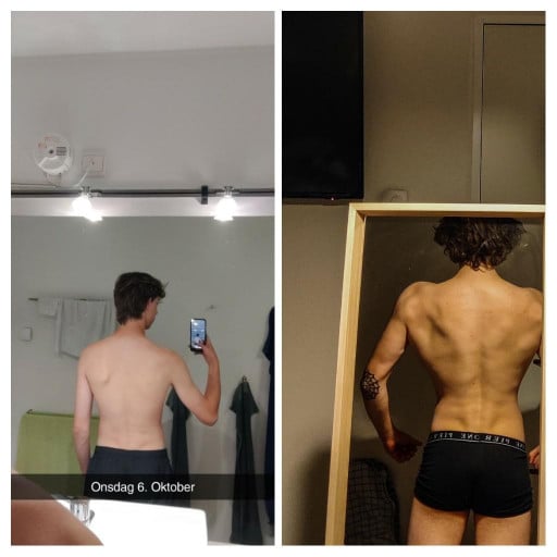 A before and after photo of a 6'1" male showing a muscle gain from 132 pounds to 165 pounds. A total gain of 33 pounds.