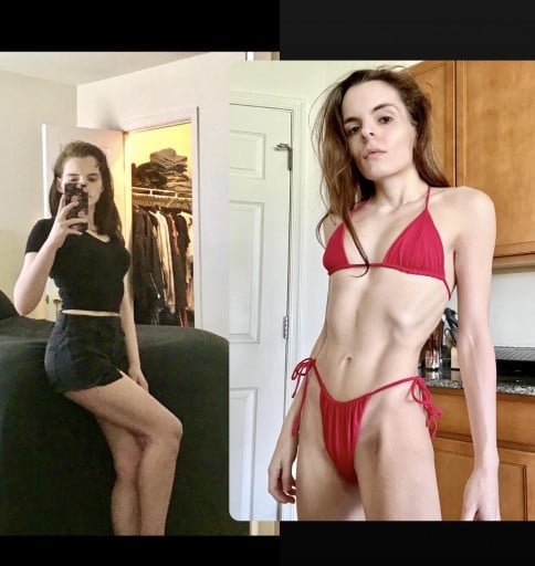 A photo of a 5'5" woman showing a weight cut from 133 pounds to 113 pounds. A total loss of 20 pounds.