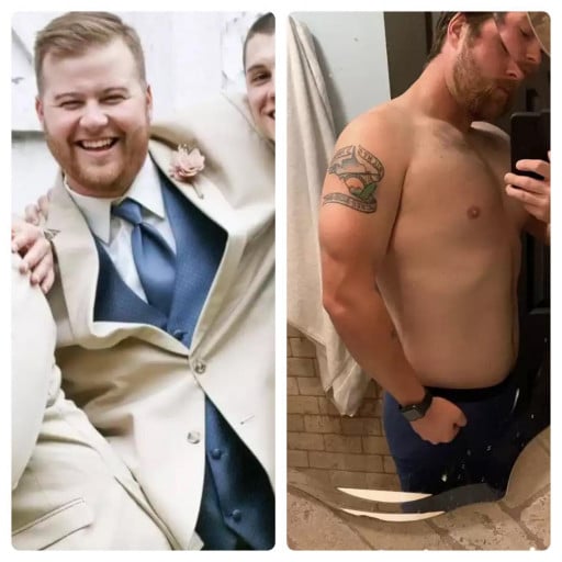 A progress pic of a 6'0" man showing a fat loss from 275 pounds to 225 pounds. A net loss of 50 pounds.