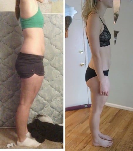 A picture of a 5'10" female showing a weight reduction from 190 pounds to 163 pounds. A total loss of 27 pounds.