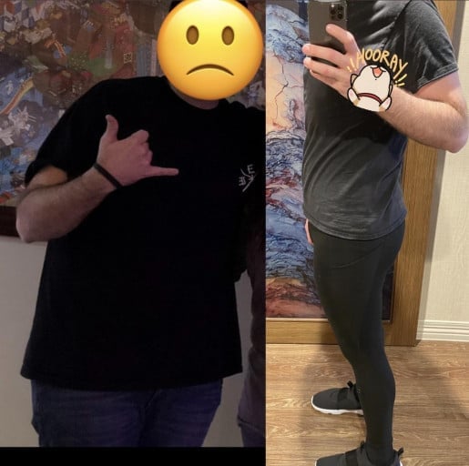 A photo of a 6'0" man showing a weight cut from 247 pounds to 201 pounds. A total loss of 46 pounds.