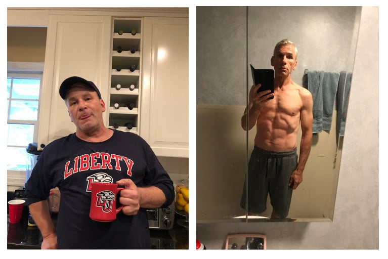 A progress pic of a 5'8" man showing a fat loss from 243 pounds to 155 pounds. A respectable loss of 88 pounds.