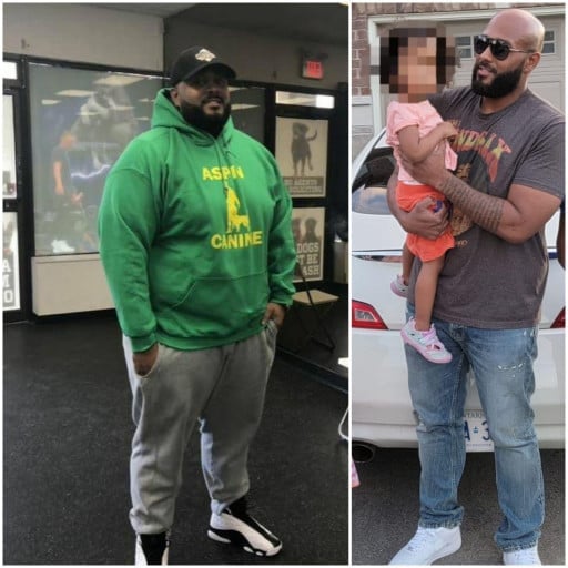 A before and after photo of a 5'11" male showing a weight reduction from 351 pounds to 230 pounds. A total loss of 121 pounds.