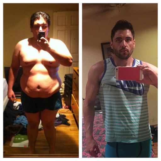 A progress pic of a 6'0" man showing a fat loss from 300 pounds to 175 pounds. A total loss of 125 pounds.