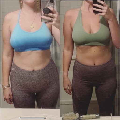 A progress pic of a 5'8" woman showing a fat loss from 158 pounds to 144 pounds. A total loss of 14 pounds.