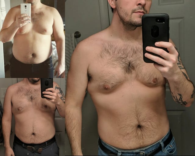 A progress pic of a 6'0" man showing a fat loss from 265 pounds to 200 pounds. A respectable loss of 65 pounds.
