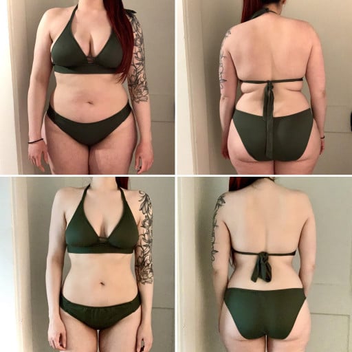 A before and after photo of a 5'8" female showing a weight reduction from 220 pounds to 170 pounds. A respectable loss of 50 pounds.