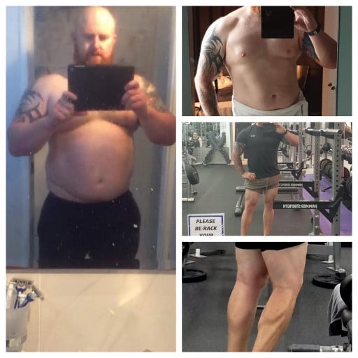 A photo of a 6'2" man showing a weight cut from 330 pounds to 235 pounds. A net loss of 95 pounds.