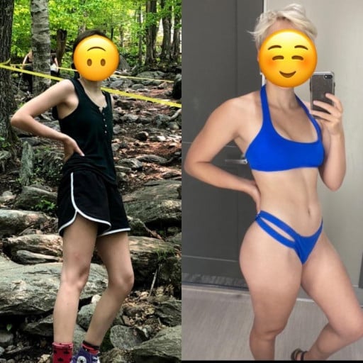 A before and after photo of a 5'5" female showing a weight bulk from 107 pounds to 134 pounds. A respectable gain of 27 pounds.