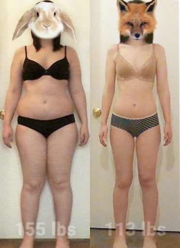 A before and after photo of a 5'3" female showing a weight reduction from 158 pounds to 113 pounds. A net loss of 45 pounds.