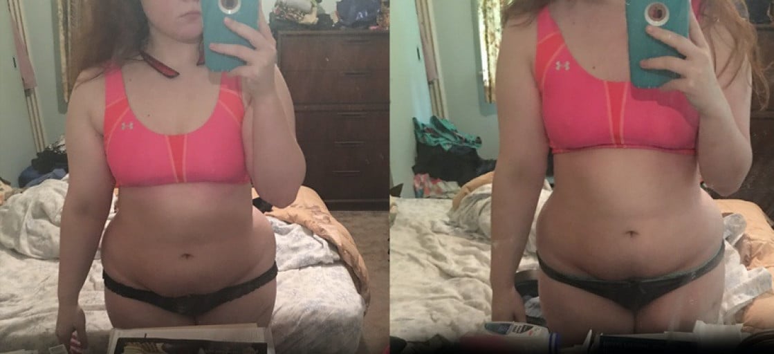 A before and after photo of a 5'3" female showing a weight cut from 185 pounds to 170 pounds. A total loss of 15 pounds.