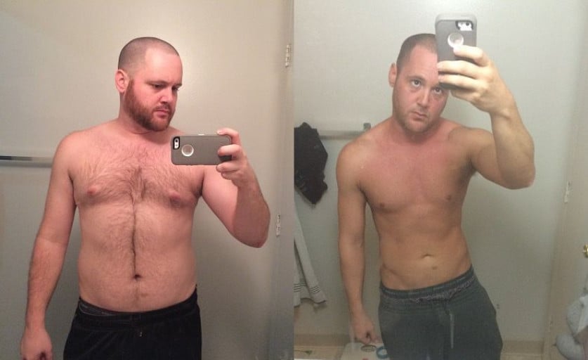 A progress pic of a 5'8" man showing a fat loss from 200 pounds to 155 pounds. A total loss of 45 pounds.