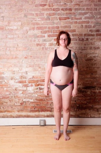 A before and after photo of a 5'8" female showing a snapshot of 172 pounds at a height of 5'8