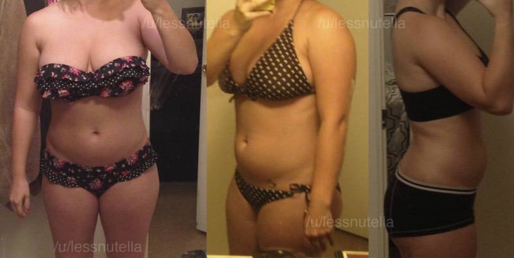 A before and after photo of a 5'3" female showing a weight cut from 165 pounds to 140 pounds. A net loss of 25 pounds.