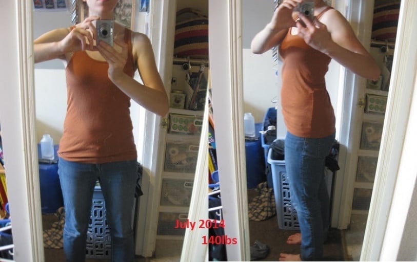 A progress pic of a 5'7" woman showing a weight cut from 185 pounds to 140 pounds. A respectable loss of 45 pounds.