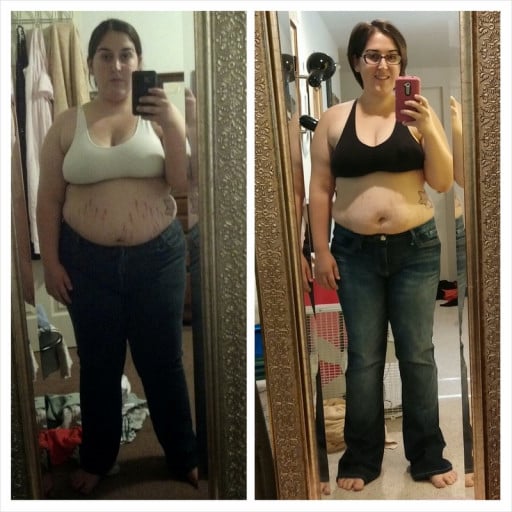 A before and after photo of a 5'4" female showing a weight loss from 238 pounds to 188 pounds. A total loss of 50 pounds.