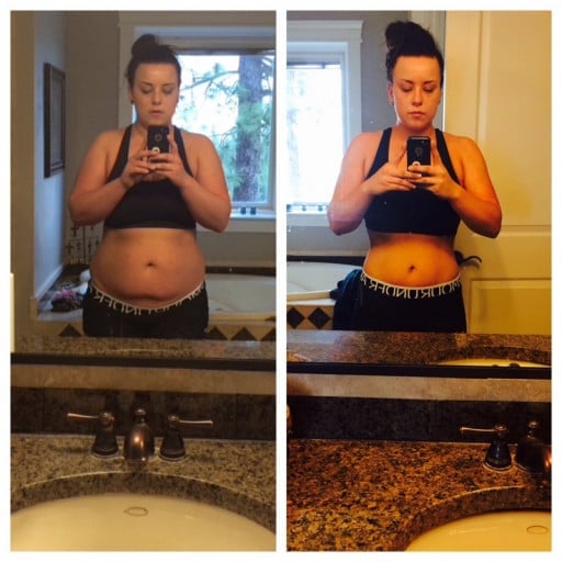 A progress pic of a 5'6" woman showing a fat loss from 232 pounds to 174 pounds. A total loss of 58 pounds.
