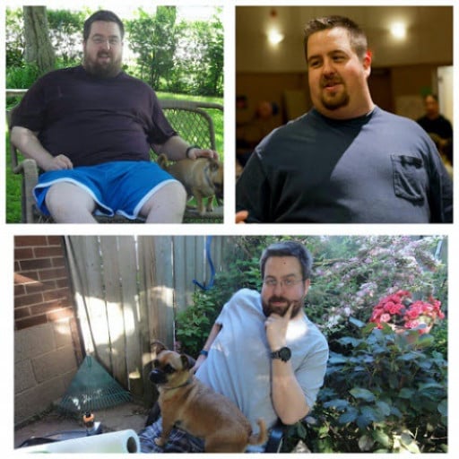 A progress pic of a 6'3" man showing a fat loss from 366 pounds to 290 pounds. A net loss of 76 pounds.