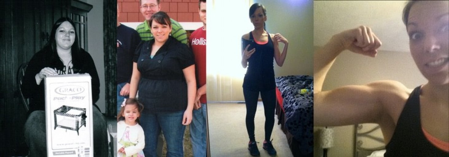 A photo of a 5'6" woman showing a weight cut from 235 pounds to 135 pounds. A net loss of 100 pounds.