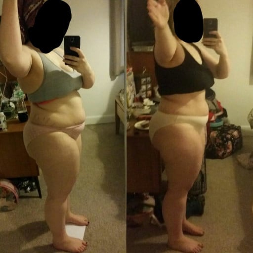 A photo of a 5'3" woman showing a weight cut from 210 pounds to 181 pounds. A net loss of 29 pounds.