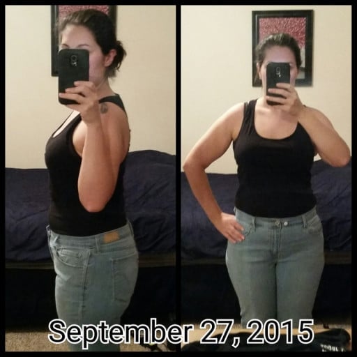 A picture of a 5'6" female showing a fat loss from 250 pounds to 175 pounds. A total loss of 75 pounds.