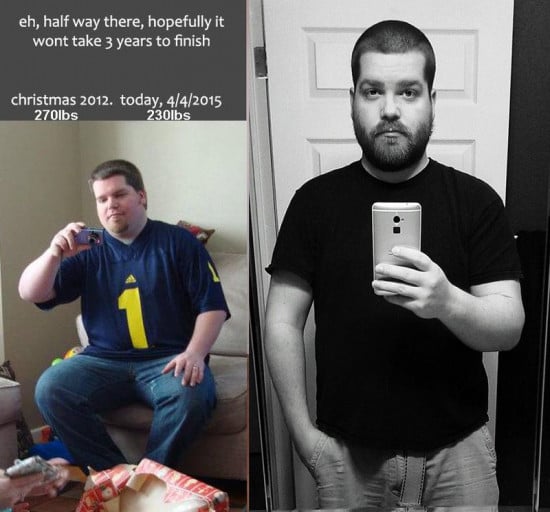A before and after photo of a 5'9" male showing a weight reduction from 270 pounds to 230 pounds. A net loss of 40 pounds.
