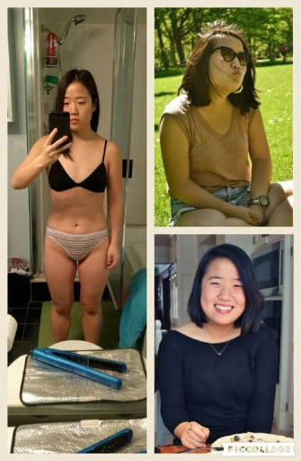 A before and after photo of a 5'1" female showing a weight loss from 135 pounds to 120 pounds. A total loss of 15 pounds.