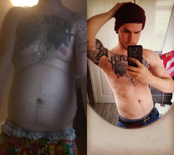A before and after photo of a 5'10" male showing a weight reduction from 194 pounds to 164 pounds. A respectable loss of 30 pounds.