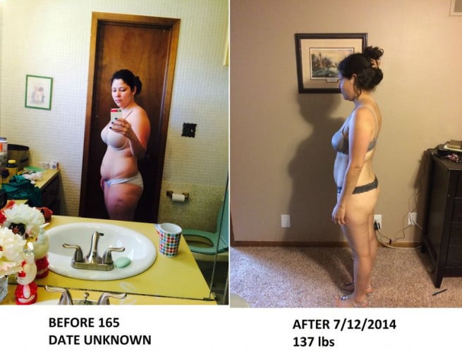 A progress pic of a 5'3" woman showing a weight reduction from 187 pounds to 137 pounds. A total loss of 50 pounds.