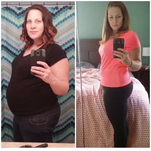 A progress pic of a 5'10" woman showing a fat loss from 250 pounds to 210 pounds. A respectable loss of 40 pounds.