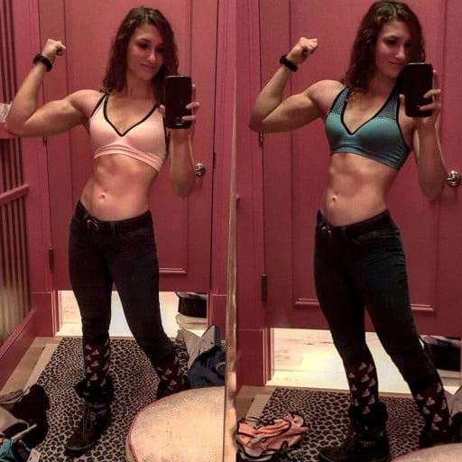 A picture of a 5'5" female showing a muscle gain from 115 pounds to 125 pounds. A respectable gain of 10 pounds.