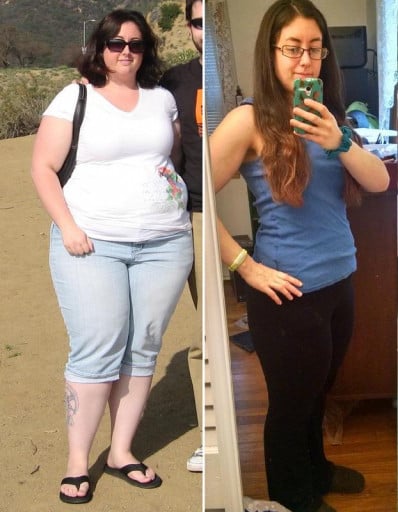 A progress pic of a 5'4" woman showing a fat loss from 262 pounds to 162 pounds. A net loss of 100 pounds.