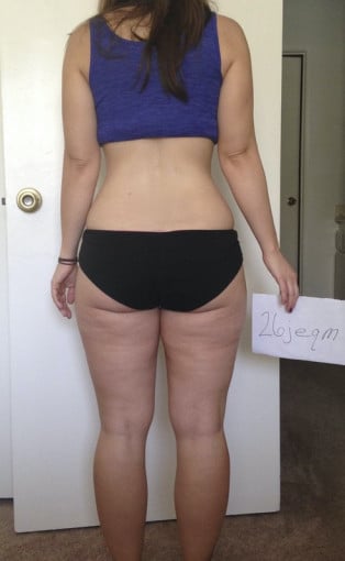 A before and after photo of a 5'2" female showing a snapshot of 130 pounds at a height of 5'2