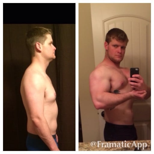 A picture of a 5'10" male showing a weight loss from 215 pounds to 195 pounds. A respectable loss of 20 pounds.