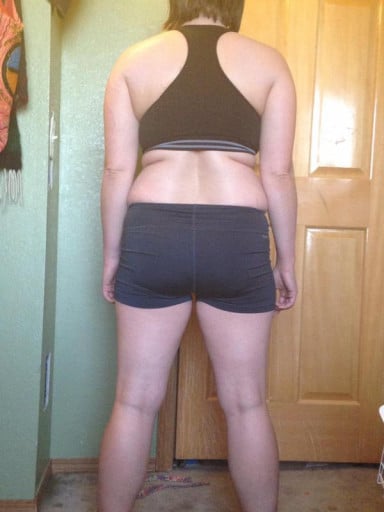 A before and after photo of a 5'2" female showing a snapshot of 148 pounds at a height of 5'2
