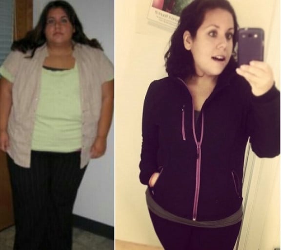 A progress pic of a 5'1" woman showing a fat loss from 361 pounds to 194 pounds. A net loss of 167 pounds.