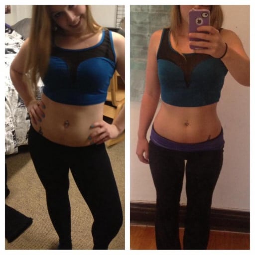 A progress pic of a 5'1" woman showing a fat loss from 134 pounds to 119 pounds. A net loss of 15 pounds.