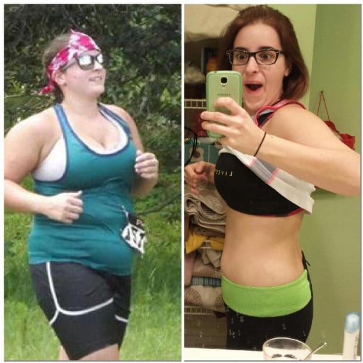 A picture of a 5'3" female showing a weight loss from 183 pounds to 135 pounds. A net loss of 48 pounds.
