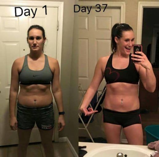 A before and after photo of a 5'8" female showing a weight reduction from 163 pounds to 155 pounds. A total loss of 8 pounds.