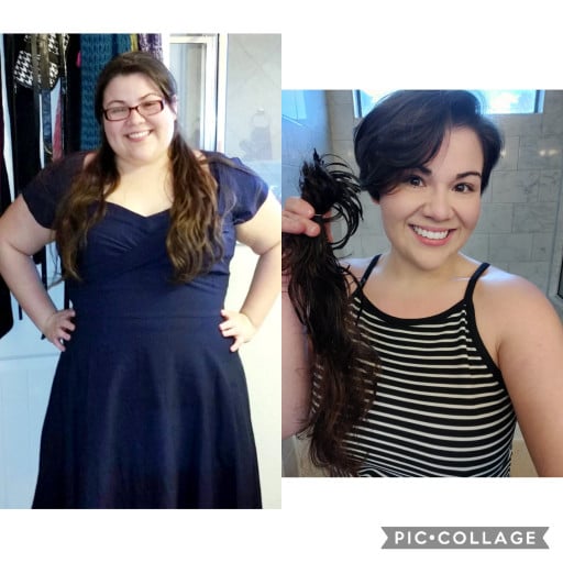 A picture of a 5'3" female showing a weight loss from 235 pounds to 165 pounds. A respectable loss of 70 pounds.