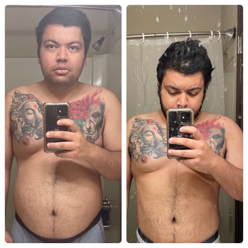 A progress pic of a 5'8" man showing a fat loss from 226 pounds to 206 pounds. A total loss of 20 pounds.