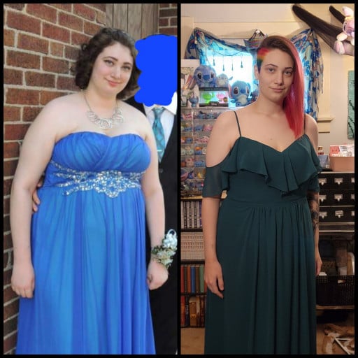 A before and after photo of a 5'9" female showing a weight reduction from 270 pounds to 170 pounds. A respectable loss of 100 pounds.