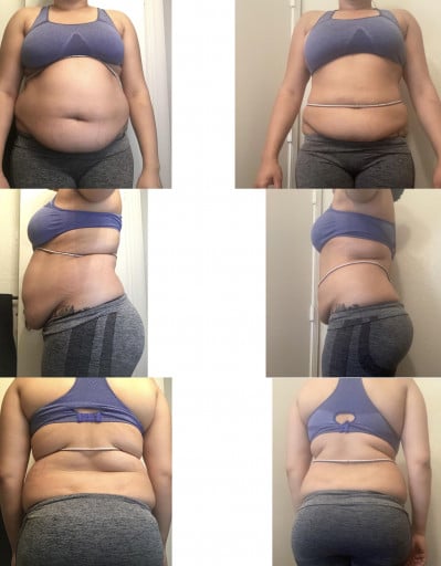 A before and after photo of a 5'11" female showing a weight reduction from 250 pounds to 227 pounds. A net loss of 23 pounds.