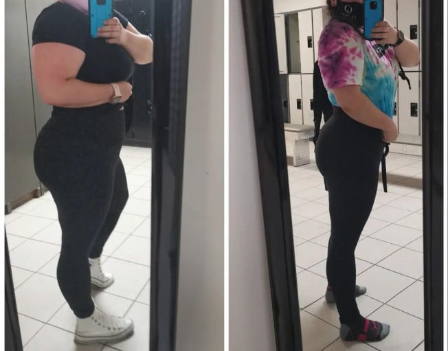 A photo of a 5'4" woman showing a weight cut from 215 pounds to 195 pounds. A total loss of 20 pounds.