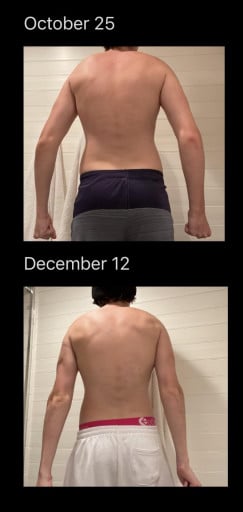 A progress pic of a 5'11" man showing a fat loss from 151 pounds to 147 pounds. A total loss of 4 pounds.