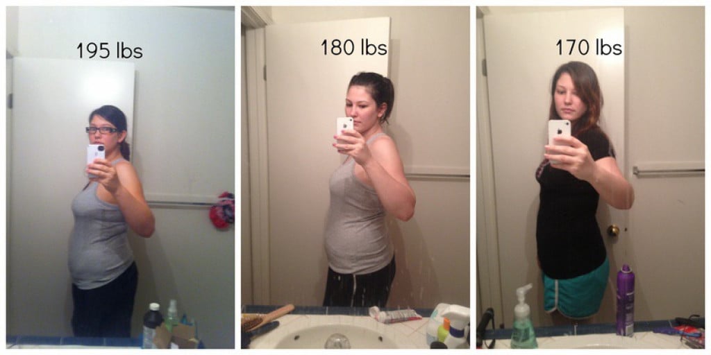 A photo of a 5'8" woman showing a weight loss from 195 pounds to 170 pounds. A respectable loss of 25 pounds.