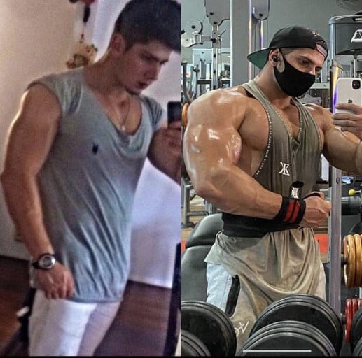 A progress pic of a 5'10" man showing a muscle gain from 170 pounds to 220 pounds. A total gain of 50 pounds.