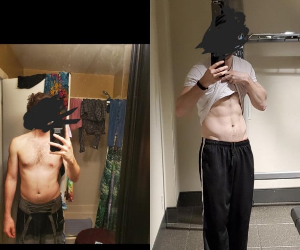A before and after photo of a 5'10" male showing a weight bulk from 143 pounds to 150 pounds. A respectable gain of 7 pounds.